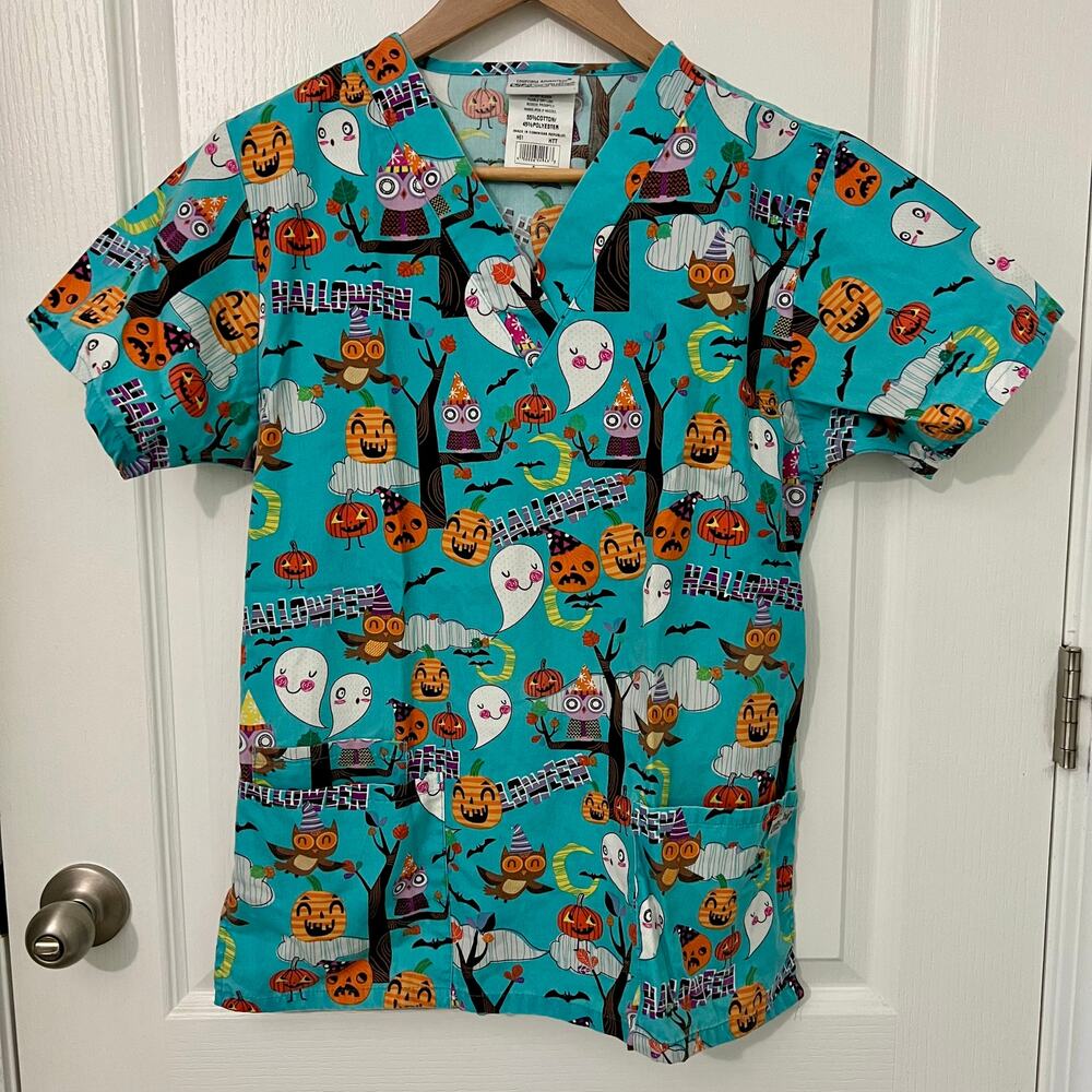 Uniform Advantage UA Scrubs | Halloween Ghost Pumpkin Top | Blue | Small S